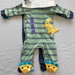 Carter's Green Striped Dino Appliqué Footed Coverall Pair